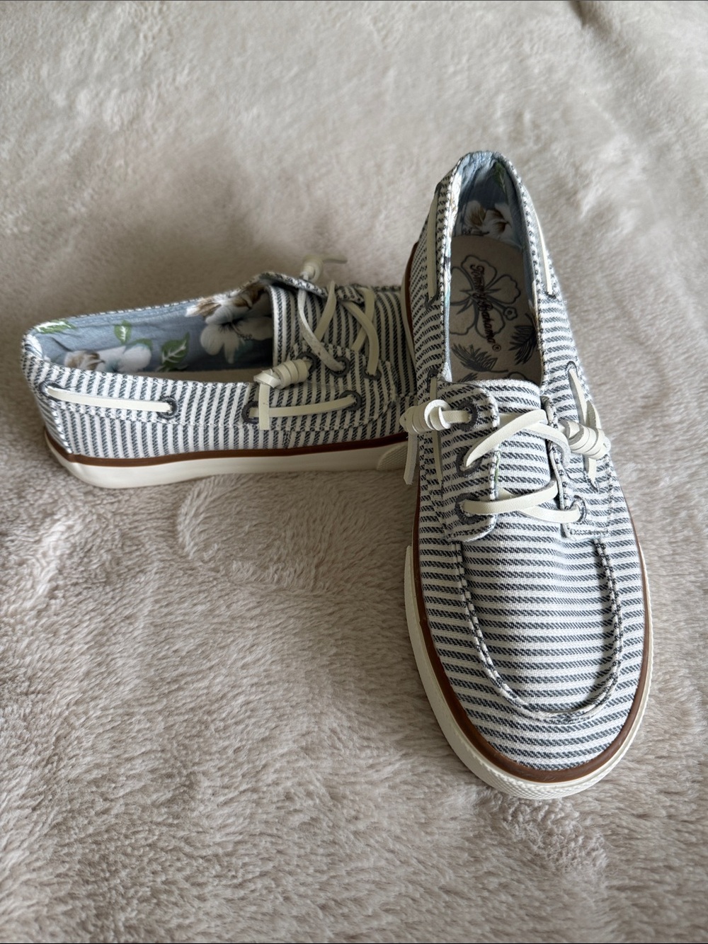 Tommy Bahama Striped Canvas Boat Shoes - White & Navy